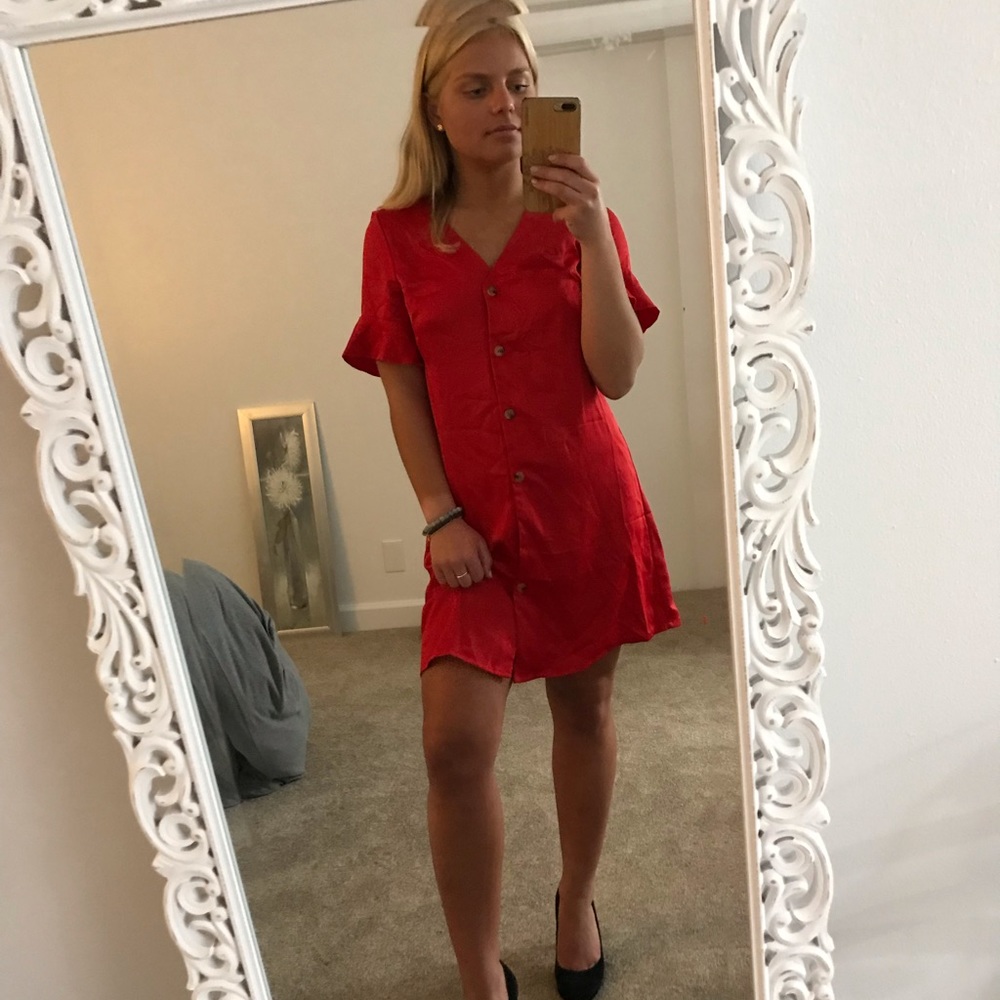 Red Satin Front Button-Down Dress